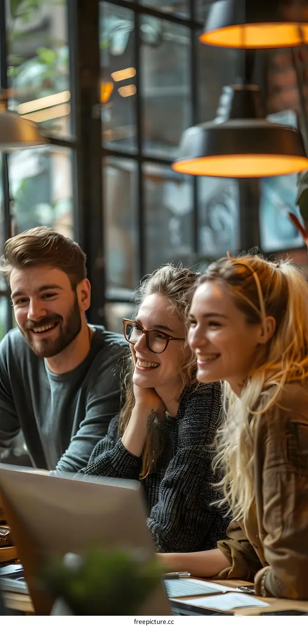 Three young business professionals having a meeting in a cafe