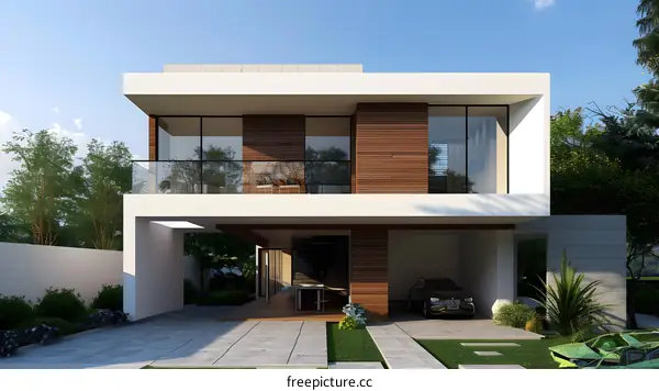 Modern House Design with Glass Windows and Wooden Panels