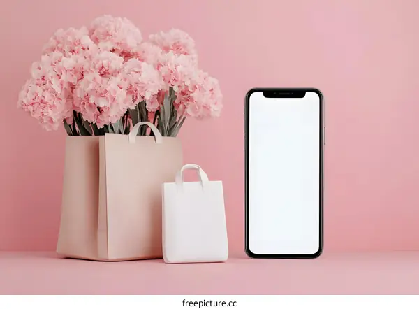 Pink Shopping Bags with a Smartphone on Pink Background