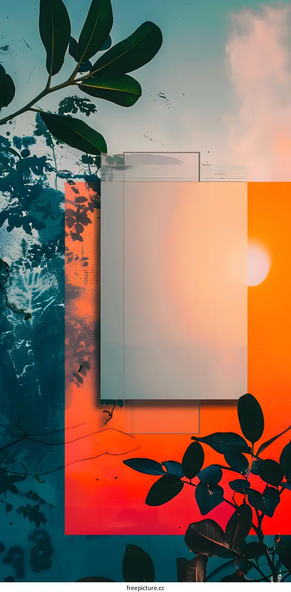 Abstract Sunset with Green Leaves and Geometric Shapes