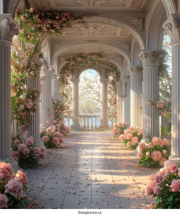 Pink Flowers in a Marble Corridor