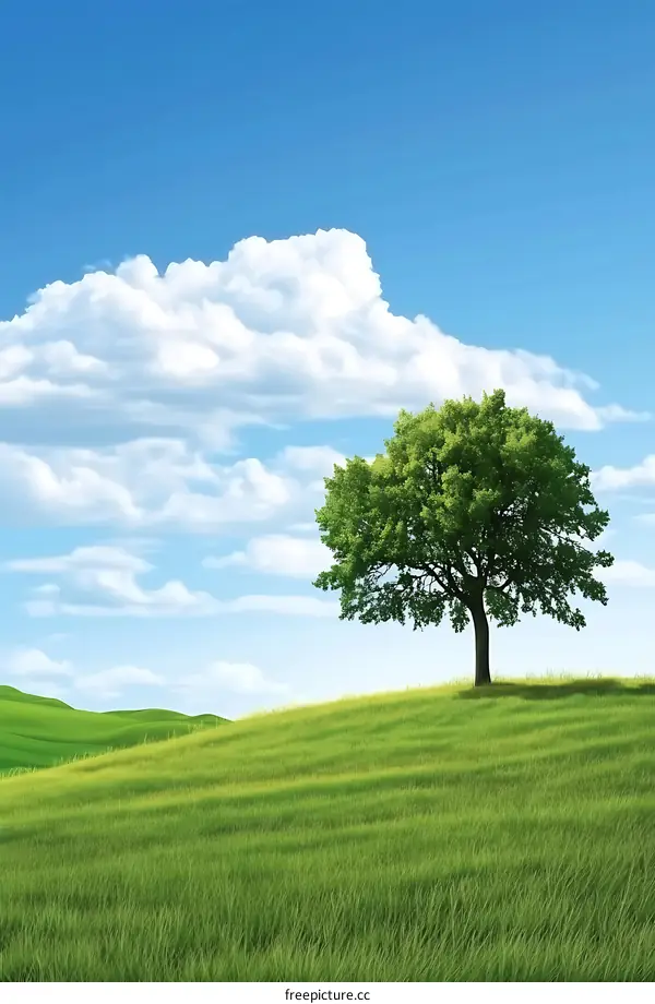 Single Tree on a Green Field with Blue Sky and White Clouds