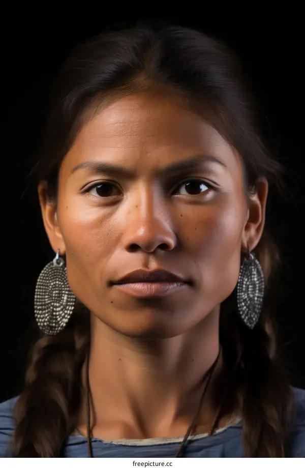Portrait of a young woman with long dark hair and brown eyes wearing a blue shirt and silver earrings