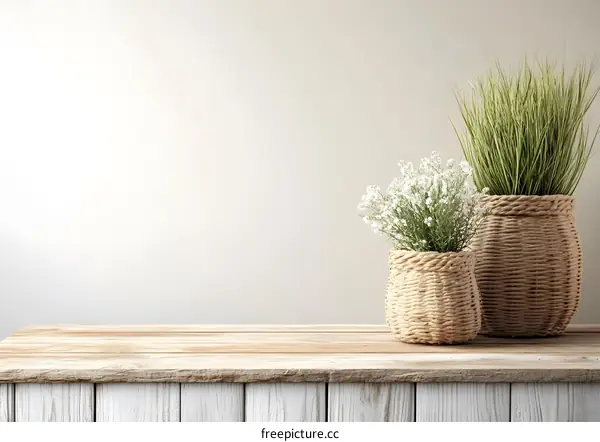 Wooden Tabletop With White Background and Plants in Wicker Baskets