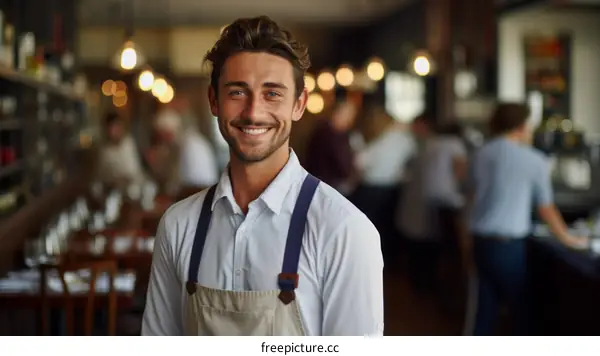 Portrait of a happy waiter standing in a restaurant