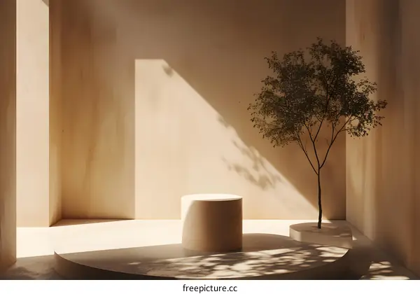Minimalist 3D Rendering Of A Beige Room With A Tree And Two Platforms