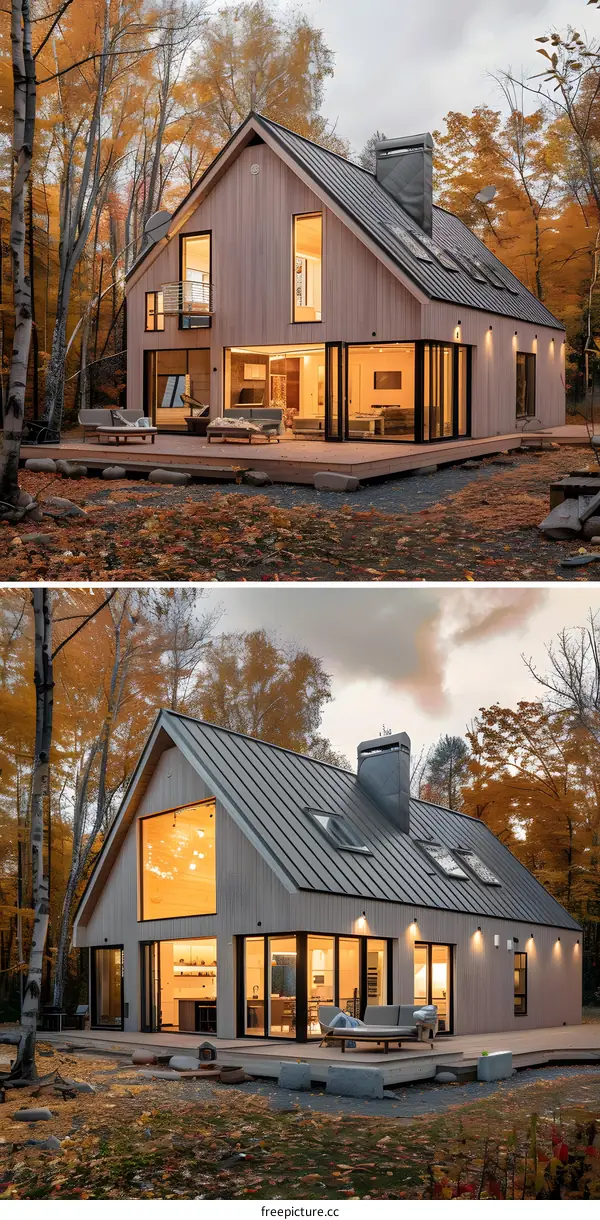 Modern Wooden House with Large Windows in Autumn Forest