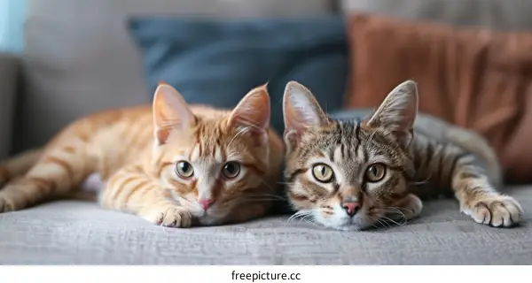 Two cute cats lying on the couch