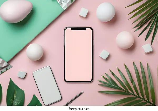 Minimalist Pink Background With Two Smartphones and Palm Leaves
