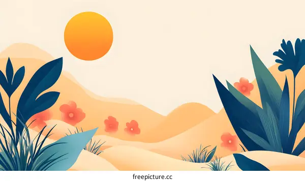 Minimalist Illustration of a Desert Landscape with Sun and Flowers