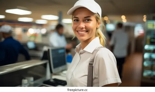 Portrait of a young woman wearing a white cap and white shirt standing in a supermarket