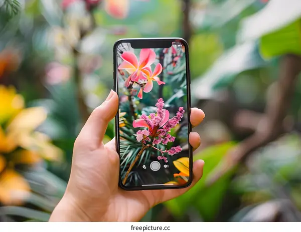 Hand Holding Phone Taking Photo of Flowers