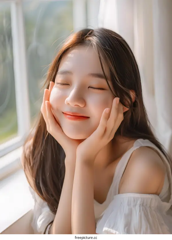 Beautiful Young Woman With Long Brown Hair Smiling and Resting Her Chin on Her Hands