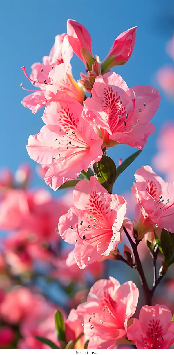 Pink Azalea Flowers against Blue Sky