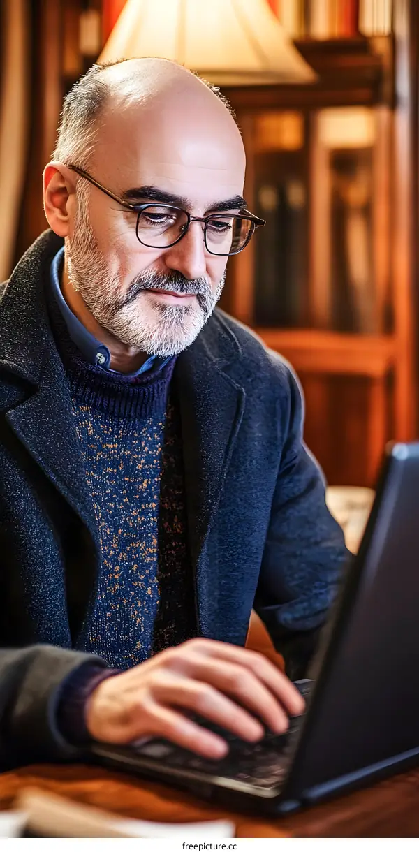 Mature Man Working on Laptop in Library Setting
