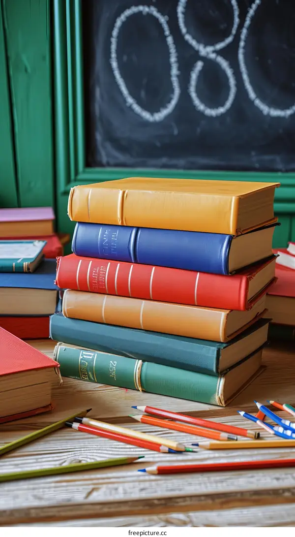 A stack of old books and pencils on a wooden table