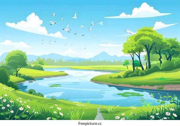 Beautiful Green Meadow Landscape With Blue River And White Birds