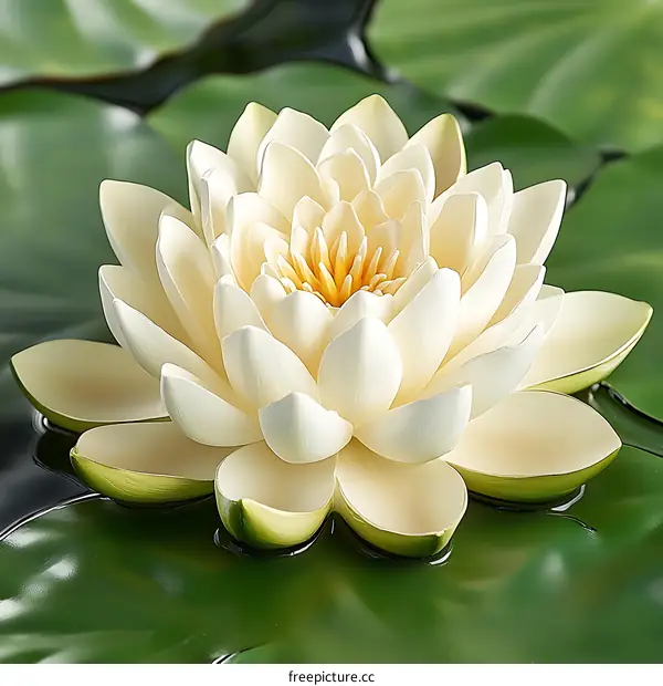 Beautiful White Water Lily on Green Leaves