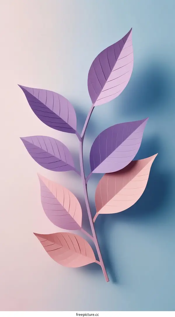 Vibrant Purple and Pink Paper Leaves on Soft Blue Background
