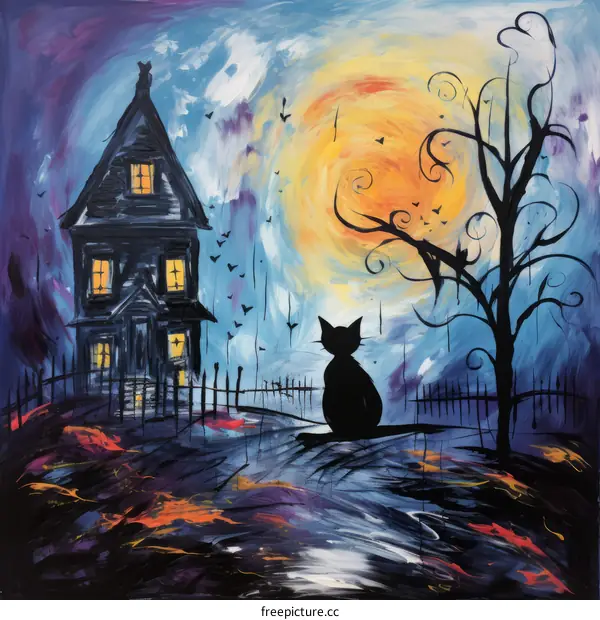 A spooky Halloween night with a black cat