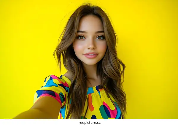 Beautiful Woman in Colorful Summer Dress against Yellow Background