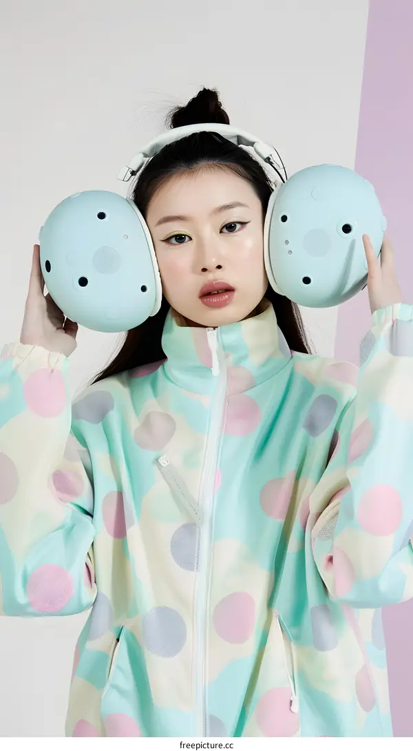 Woman Wearing Blue Polka Dot Jacket and Headphones