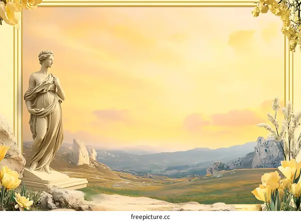 Golden Sunset Landscape with Greek Statue