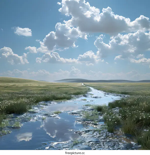 Small river flowing through a green grassy plain