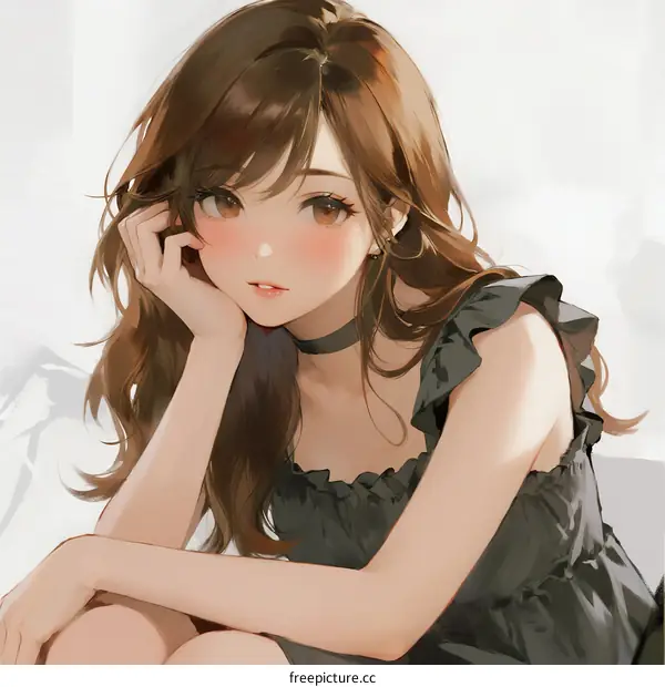 A Young Asian Woman with Long Brown Hair in Black Ruffled Dress