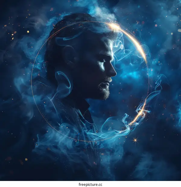 Bearded man's face with smoke and stars