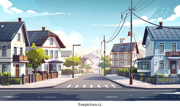 Cartoon Illustration Of Suburban Neighborhood With Houses And Street