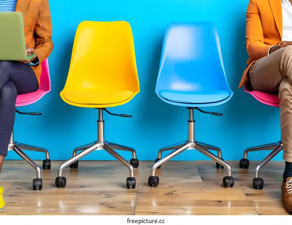 Colorful Office Chairs In Row With Two People Sitting
