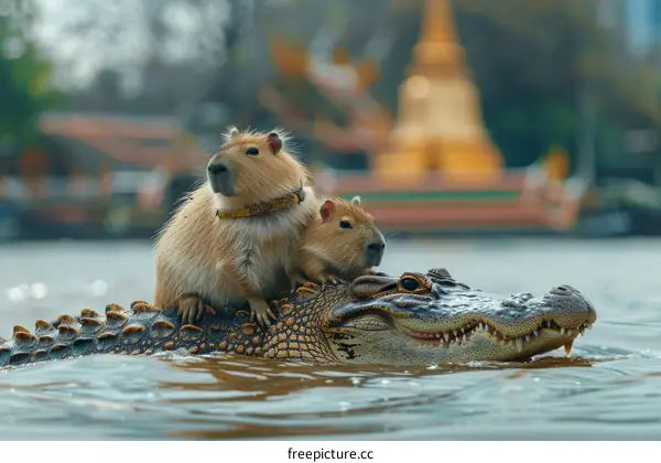 Two capybaras riding on a crocodile in a river with a temple in the background