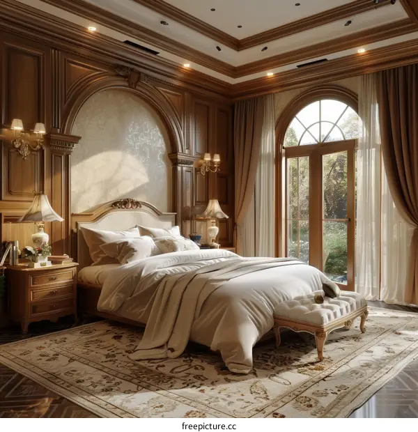 Ornate wooden bedroom with a large bed, two windows, and a sitting area