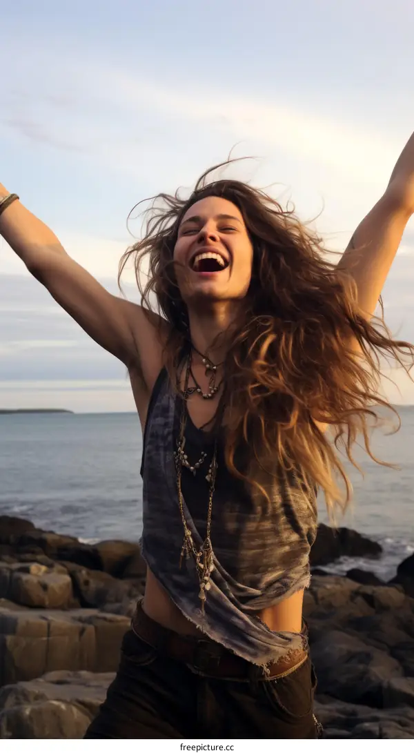 Ecstatic young woman raising her arms in joy and freedom on a rocky coast
