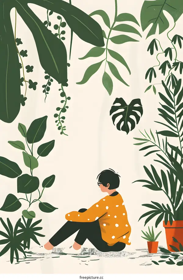 Woman Sitting in a Garden with Plants