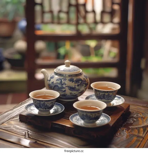 Chinese tea ceremony with blue and white porcelain gaiwan and cups