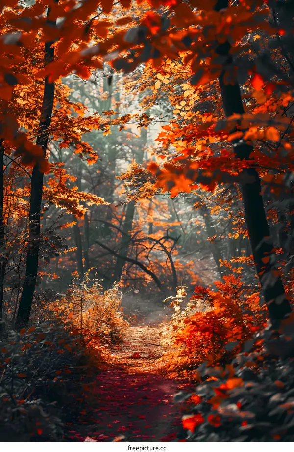Autumn Forest Path With Red Leaves