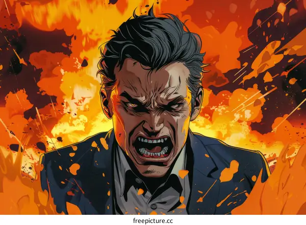 Angry Man in Suit with Flames Background
