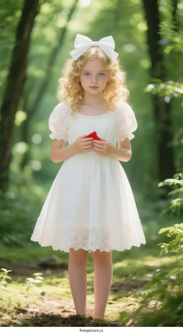 A Little Girl with Curly Hair Standing in a Lush Green Forest