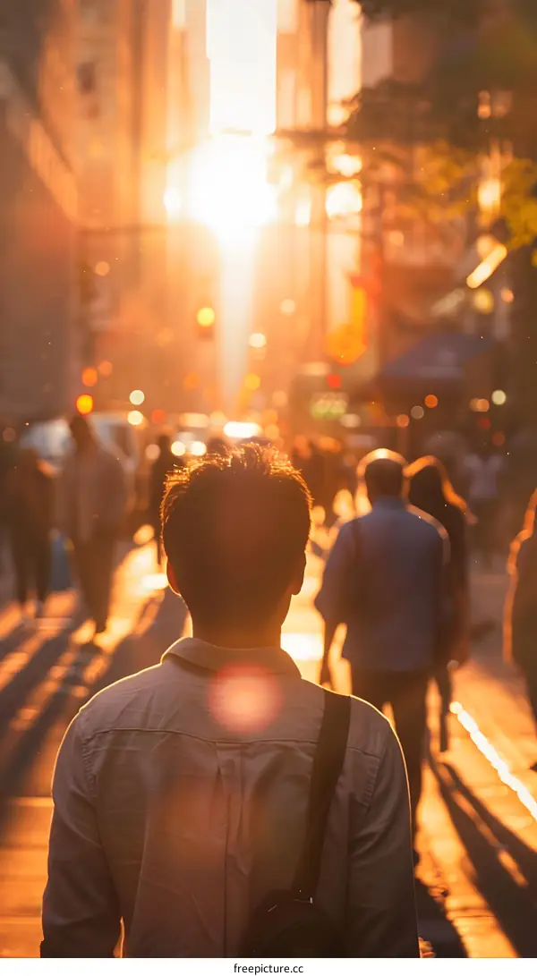 Man Walking Through City Street at Sunset