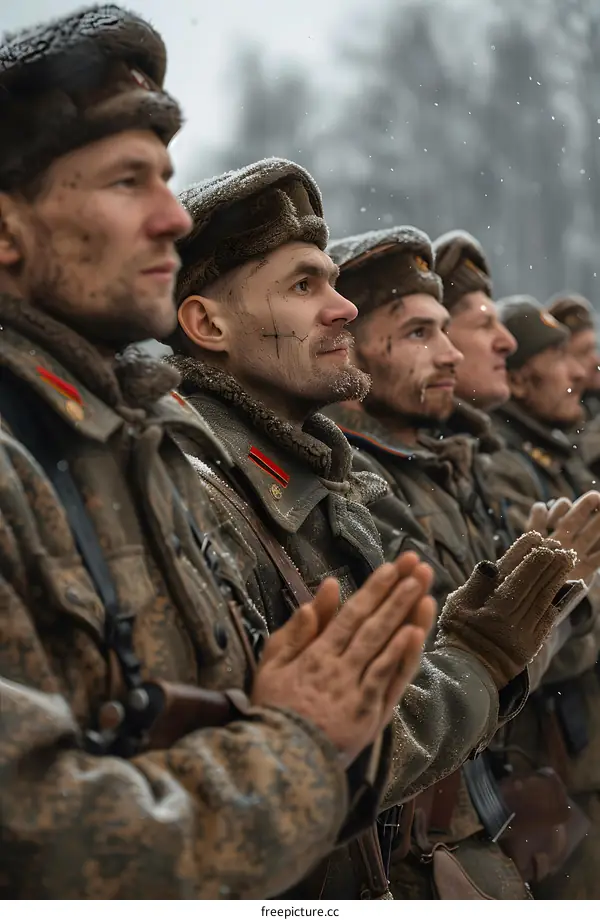 A group of soldiers in military uniform with their heads uncovered and eyes closed are standing in a row with their hands together in front of them