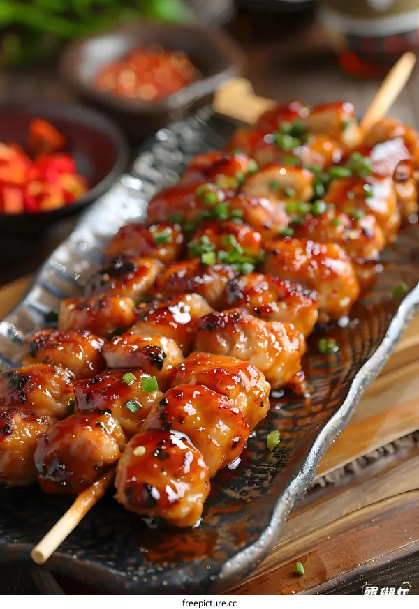 Closeup of Chicken Yakitori Skewers on a Black Plate