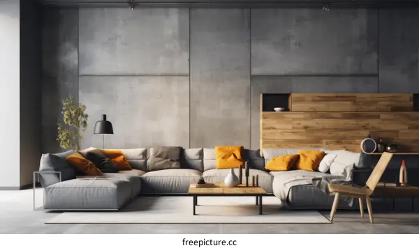 Modern Minimalist Living Room Design With Concrete Wall And Wooden Divider