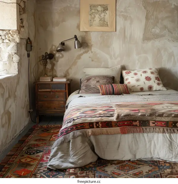 Rustic Bohemian Bedroom with Stone Wall and Wooden Beams