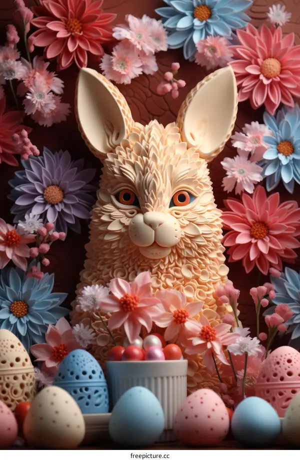A ceramic rabbit sculpture sits among a backdrop of flowers and Easter eggs.