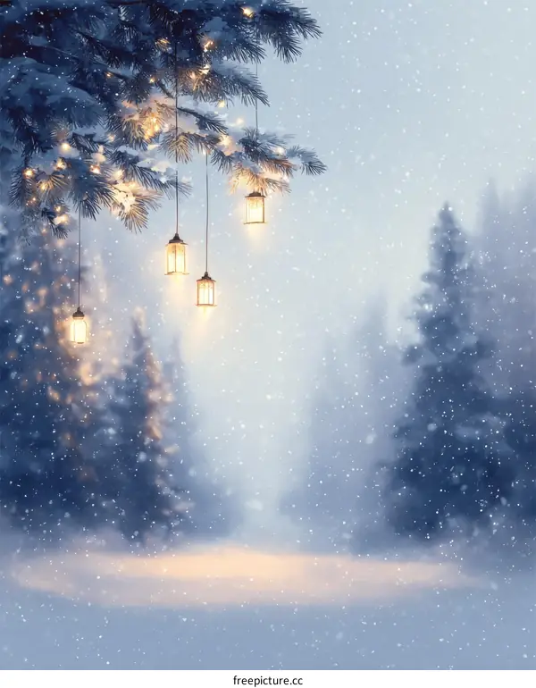 Winter Snow Scene with Hanging Lanterns
