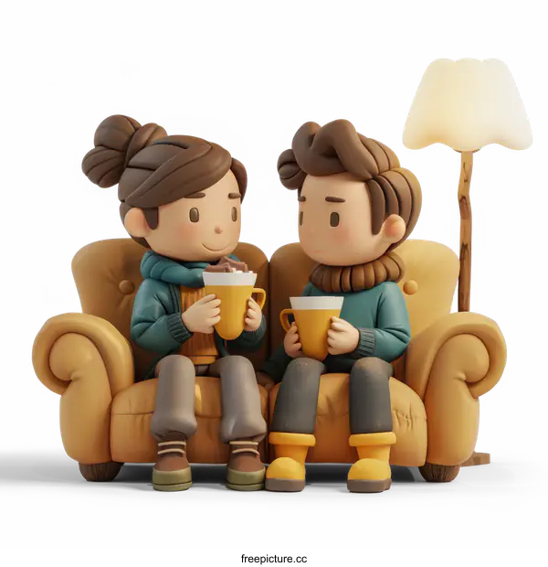 Couple Enjoying Hot Chocolate on a Cozy Sofa