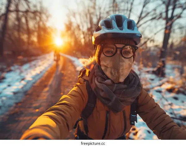 A cyclist wearing a mask rides through a snowy forest
