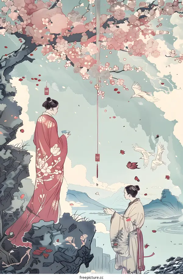 Two Women in Traditional Chinese Clothing Stand Beneath a Cherry Blossom Tree